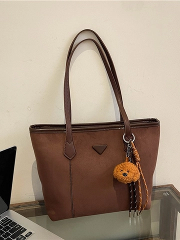 Damen Große Kapazität Tote Bag Casual Pendler Wildleder Umhängetasche Mit Plüsch Hund Anhänger Retro Minimalistische Handtasche