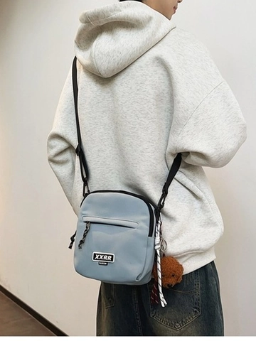 Women's Trendy Oxford Cloth Crossbody Bag Casual Small Square Shoulder Bag With Plush Bear Charm For Daily Travel Street