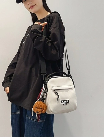 Women's Trendy Oxford Cloth Crossbody Bag Casual Small Square Shoulder Bag With Plush Bear Charm For Daily Travel Street