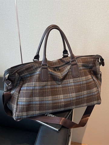 Women Large Capacity Plaid Travel Bag Vintage British Style Canvas Duffel Bag Casual Business Trip Luggage Handbag With Strap