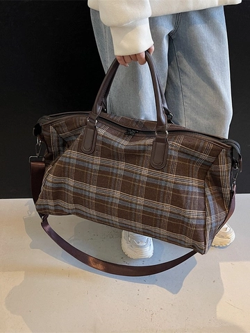 Women Large Capacity Plaid Travel Bag Vintage British Style Canvas Duffel Bag Casual Business Trip Luggage Handbag With Strap