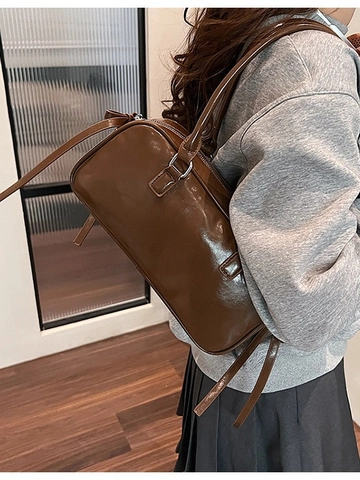 Women's Vintage PU Leather Boston Bag Large Capacity Glossy Pillow Shoulder Bag Handbag For Daily Office Versatile Elegant Bow Decor