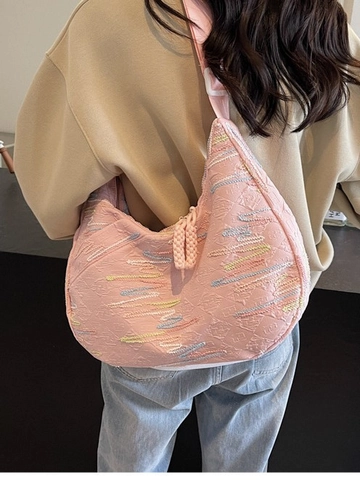Borsa Hobo da Donna di Grande Capacità Borsa a Tracolla in Tessuto con Ricamo Arcobaleno Motivo a Onde Tracolla Larga