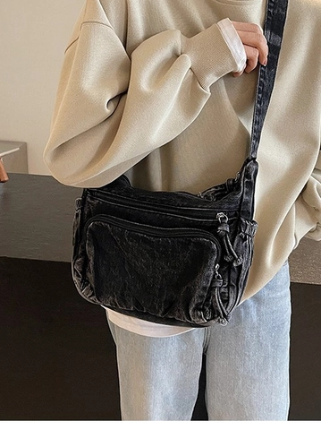 Sac Bandoulière Rétro en Denim pour Femmes Multi Poches Sac à Épaule en Denim Délavé Avec Large Bandoulière Réglable Sacoche