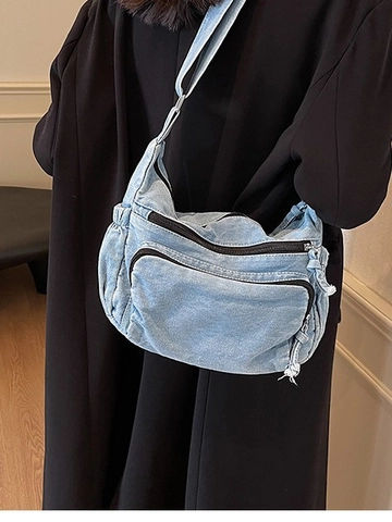 Sac Bandoulière Rétro en Denim pour Femmes Multi Poches Sac à Épaule en Denim Délavé Avec Large Bandoulière Réglable Sacoche