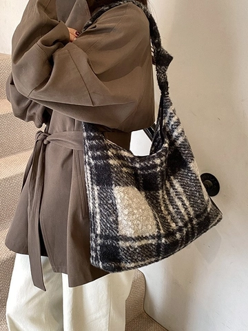 Women Leopard Print Faux Fur Shoulder Bag Plaid Plush Tote Bag Autumn Winter Large Capacity Casual Commuter Hobo Bag Knot Strap
