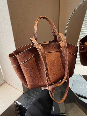 Large Capacity Lychee Pattern PU Leather Tote Bag For Women Fashion Contrast Stitching Shoulder Bag Commuter Handbag