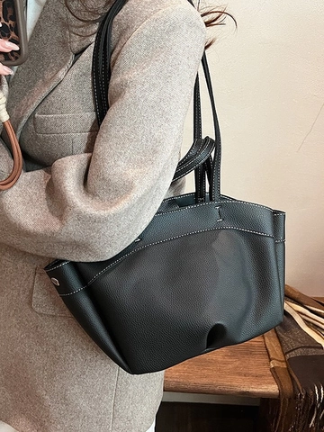 Large Capacity Lychee Pattern PU Leather Tote Bag For Women Fashion Contrast Stitching Shoulder Bag Commuter Handbag