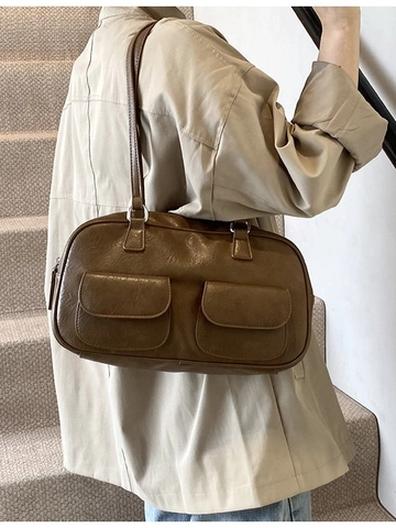 Borsa a Spalla in Pelle PU Vintage da Donna Retro Pillow Tote Con Doppie Tasche Frontali Semplice Borsa da Pendolare Donna