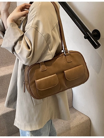 Borsa a Spalla in Pelle PU Vintage da Donna Retro Pillow Tote Con Doppie Tasche Frontali Semplice Borsa da Pendolare Donna