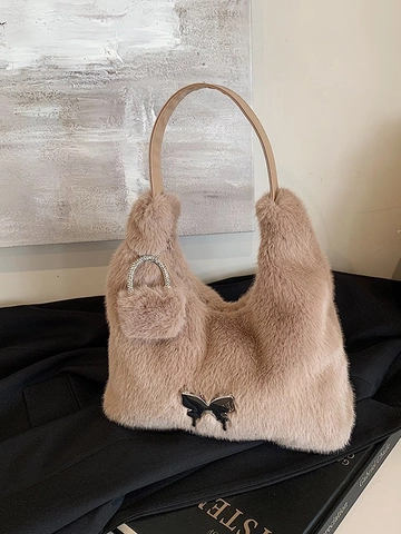 Sac Sous le Bras en Fausse Fourrure pour Femme Grande Capacité Sac à Main en Peluche Rétro Sac à Épaule Poilu Avec Boucle Papillon