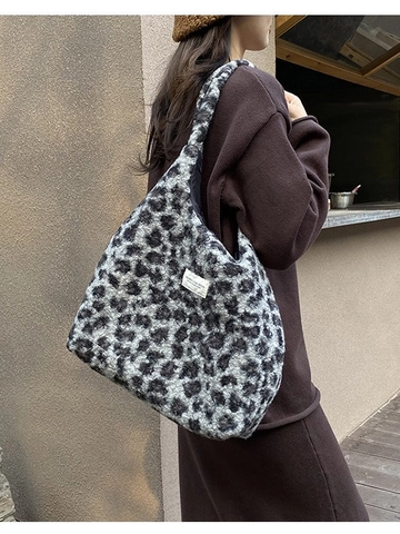 Bolso Tote de Peluche con Estampado de Leopardo Gran Capacidad Bolso de Hombro de Piel Sintética para Mujer Invierno