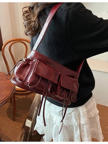 Borsa a Spalla con Fiocco in Pelle PU Vintage per Donna Borsa Sotto l'Ascella a Pieghe con Tasche Multiple Borsa Bowling Retro