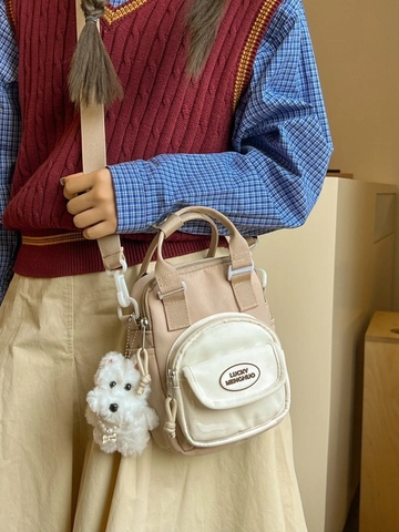 Borsa a Tracolla in Tela Patchwork Stile Giapponese Coreano Carina Mini Borsa a Mano con Ciondolo in Peluche a Forma di Cucciolo Borsa a Spalla Casual per Studenti