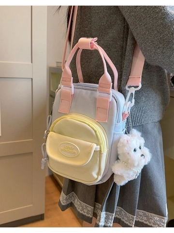 Borsa a Tracolla in Tela Patchwork Stile Giapponese Coreano Carina Mini Borsa a Mano con Ciondolo in Peluche a Forma di Cucciolo Borsa a Spalla Casual per Studenti
