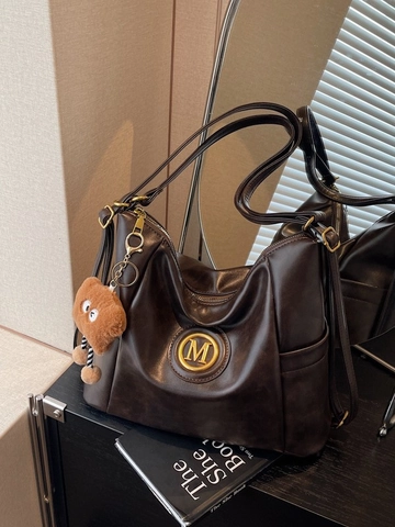 Women's Vintage PU Leather Large Capacity Backpack Fashion Tote Bag With M Logo And Plush Bear Charm For Casual Travel
