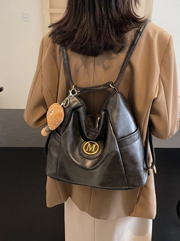 Women's Vintage PU Leather Large Capacity Backpack Fashion Tote Bag With M Logo And Plush Bear Charm For Casual Travel
