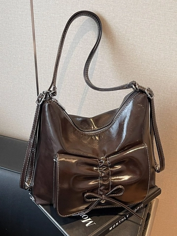 Zaino Vintage da Donna in Pelle PU Lucida Grande Capacità con Fiocco a Pieghe Borsa a Tracolla da Viaggio con Cuciture a Contrasto