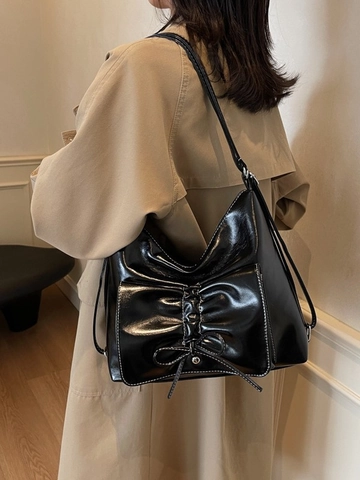 Zaino Vintage da Donna in Pelle PU Lucida Grande Capacità con Fiocco a Pieghe Borsa a Tracolla da Viaggio con Cuciture a Contrasto