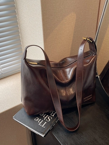 Bolso Tote Retro de Gran Capacidad de Cuero PU para Mujer Bolso de Hombro Casual Versátil Con Cremallera para Uso Diario