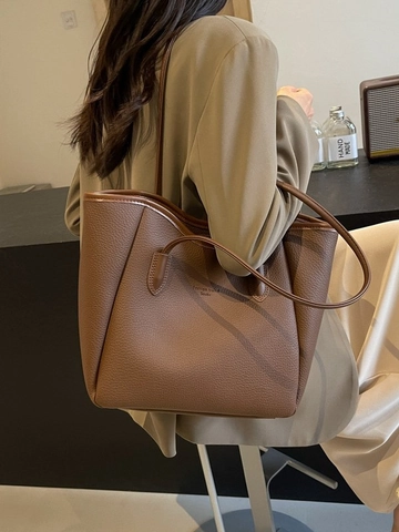 Borsa Tote in Pelle PU di Grande Capacità per Donna Motivo a Grana Litchi Borsa a Tracolla da Pendolare Moda Casual