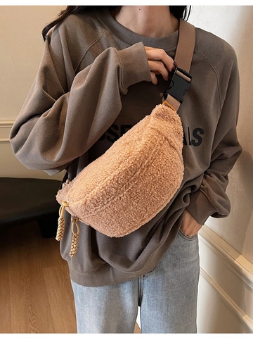 Women Casual Sherpa Fleece Chest Bag Solid Color Plush Crossbody Waist Bag For Travel Daily Fashion