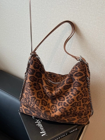 Women's Large Capacity Leopard Print Tote Bag Faux Suede Shoulder Bag With Chain Strap Casual Commuting Hobo Bag