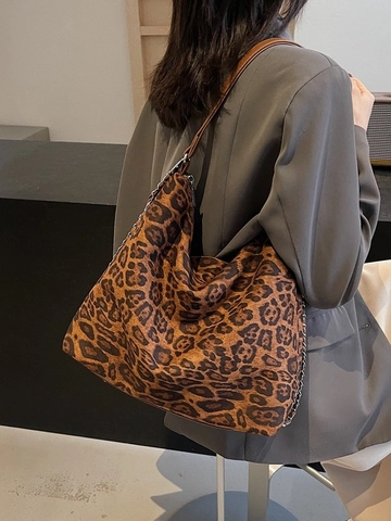 Women's Large Capacity Leopard Print Tote Bag Faux Suede Shoulder Bag With Chain Strap Casual Commuting Hobo Bag