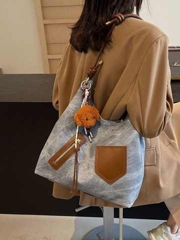 Dames Retro PU Leder Grote Capaciteit Schoudertas Vintage Tote Tas Met Schattige Pluche Hanger Knoop Band Pendelaar Handtas