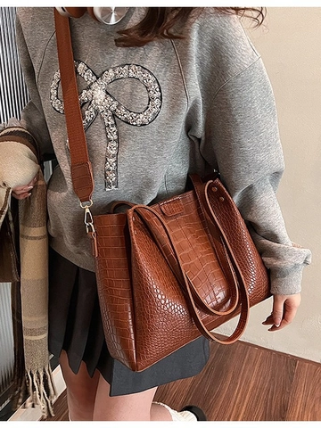 Women Vintage Crocodile Pattern Tote Bag Large Capacity PU Leather Shoulder Crossbody Bag With Wide Strap Office Lady Handbag