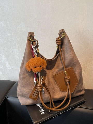 Dames Retro PU Leder Grote Capaciteit Schoudertas Vintage Tote Tas Met Schattige Pluche Hanger Knoop Band Pendelaar Handtas