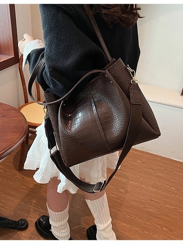 Women Vintage Crocodile Pattern Tote Bag Large Capacity PU Leather Shoulder Crossbody Bag With Wide Strap Office Lady Handbag