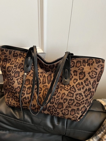 Women Large Capacity Leopard Print Tote Bag PU Leather Casual Shoulder Bag Autumn Winter Commuter Shopper Bag Versatile