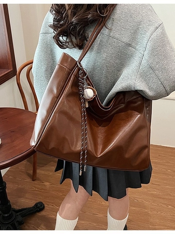 Borsa Tote da Donna in Pelle PU a Grande Capacità Borsa a Spalla Casual Vintage Con Pendente da Baseball per Ufficio