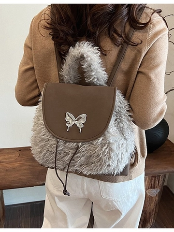 Damen Fashion Plüsch Kunstfell Kleiner Rucksack Schmetterlingsschnalle PU Leder Klappe Kordelzug Herbst Winter Freizeit Rucksack
