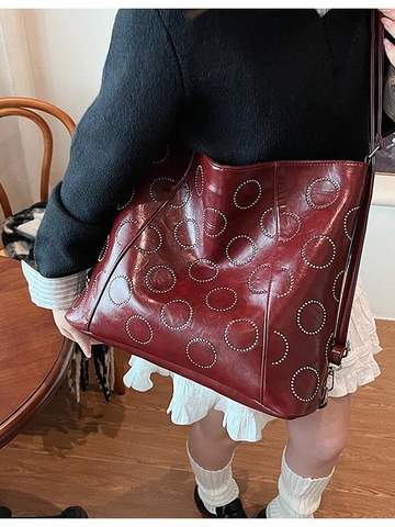 Vintage Große Kapazität PU Leder Schultertasche Für Damen Glänzende Nieten Hobo Tote Bag Multifunktionale Rucksack Handtasche