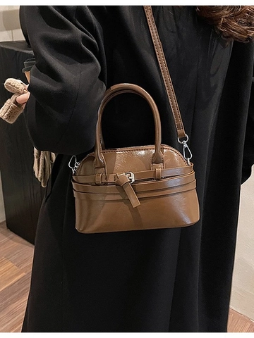 Bolso de Mano de Concha de Cuero PU Brillante Vintage para Mujer Color Sólido Hebilla Bolso Bandolera Correa Desmontable Hombro