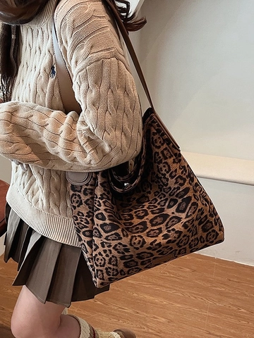 Dames Grote Capaciteit Luipaard Ruitjes Tote Bag Vintage PU Leren Riem Tweed Schoudertas Voor Dagelijks Kantoor Winkelen