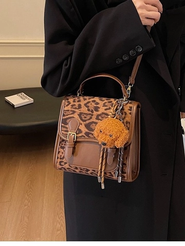 Vintage Leopard Print Patchwork Women Backpack Large Capacity PU Leather Shoulder Bag With Cute Dog Pendant Fashion Trendy Handbag