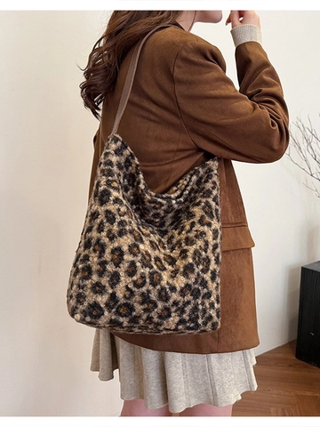Damen Plüsch Kunstpelz Leopardenmuster Tote Bag Große Kapazität Unterarm Schultertasche Mit Reißverschlusstasche Für Herbst Winter