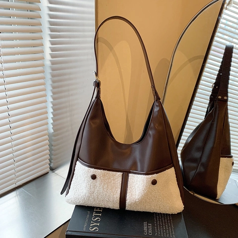 Bolso Hobo Vintage de Gran Capacidad para Mujer Color en Contraste Patchwork de Peluche Bolso de Hombro Tote Elegante