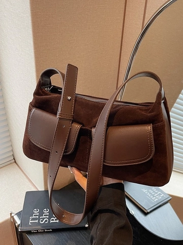 Borsa a Tracolla Vintage in Pelle PU Scamosciata per Donna Grande Capacità Doppia Tasca Borsa da Sottobraccio Retro Pendolare