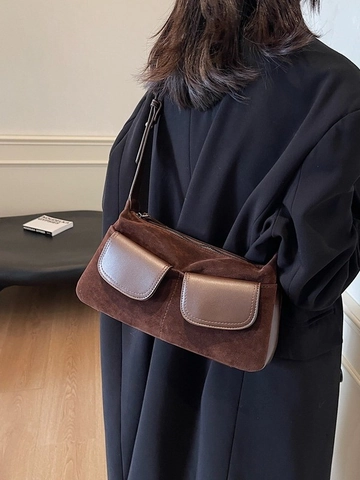 Borsa a Tracolla Vintage in Pelle PU Scamosciata per Donna Grande Capacità Doppia Tasca Borsa da Sottobraccio Retro Pendolare