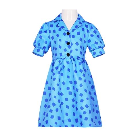 Vestito Blu con Stampa Geometrica Manica Corta Revers per Bambine Costume Halloween Retro Linea A Performance Festa