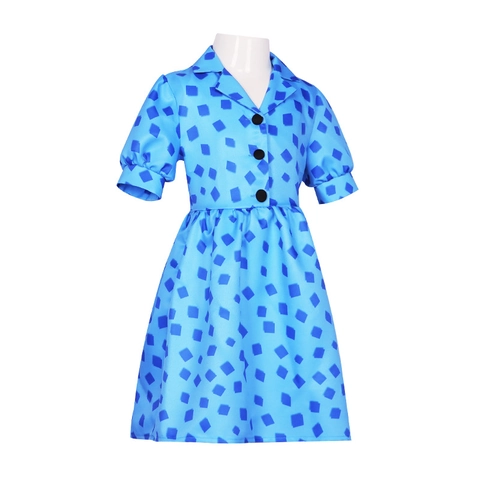 Vestito Blu con Stampa Geometrica Manica Corta Revers per Bambine Costume Halloween Retro Linea A Performance Festa