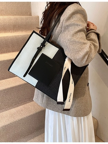 Borsa Tote da Donna in Denim Patchwork di Grande Capacità Borsa a Tracolla Casual Con Decorazione a Nastro Elegante Borsetta per Pendolari Quotidiani