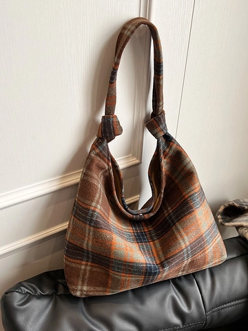 Sac Cabas Vintage en Lainage Plaid pour Femmes Grande Capacité Sac à Épaule Souple Avec Bandoulière Nouée Décontracté Sac à Main