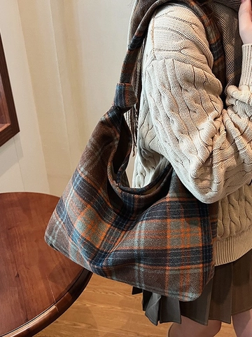 Sac Cabas Vintage en Lainage Plaid pour Femmes Grande Capacité Sac à Épaule Souple Avec Bandoulière Nouée Décontracté Sac à Main