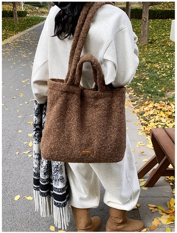 Bolso Tote de Felpa para Mujer Gran Capacidad Piel de Cordero Sintética Bolso de Hombro Otoño Invierno Bolso de Mano Color Sólido