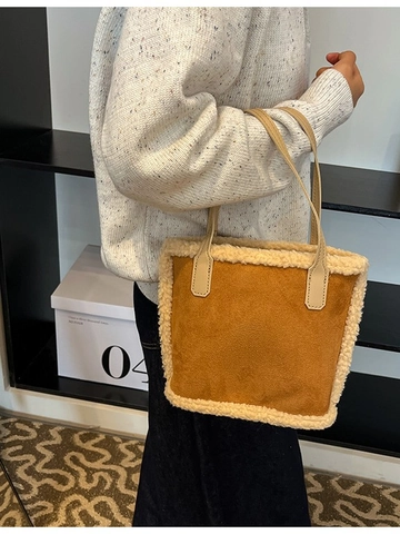 Damen Vintage Wollstoff Wildlederoptik Handtasche Mit Lammwollbesatz Winter Mode Shopper Mit Plüschtier Anhänger Kleiner Eimer